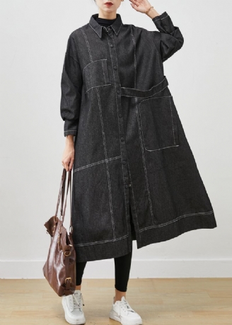 Schwarzer Lockerer Denim-trenchcoat Mit Übergroßen Taschen Frühling