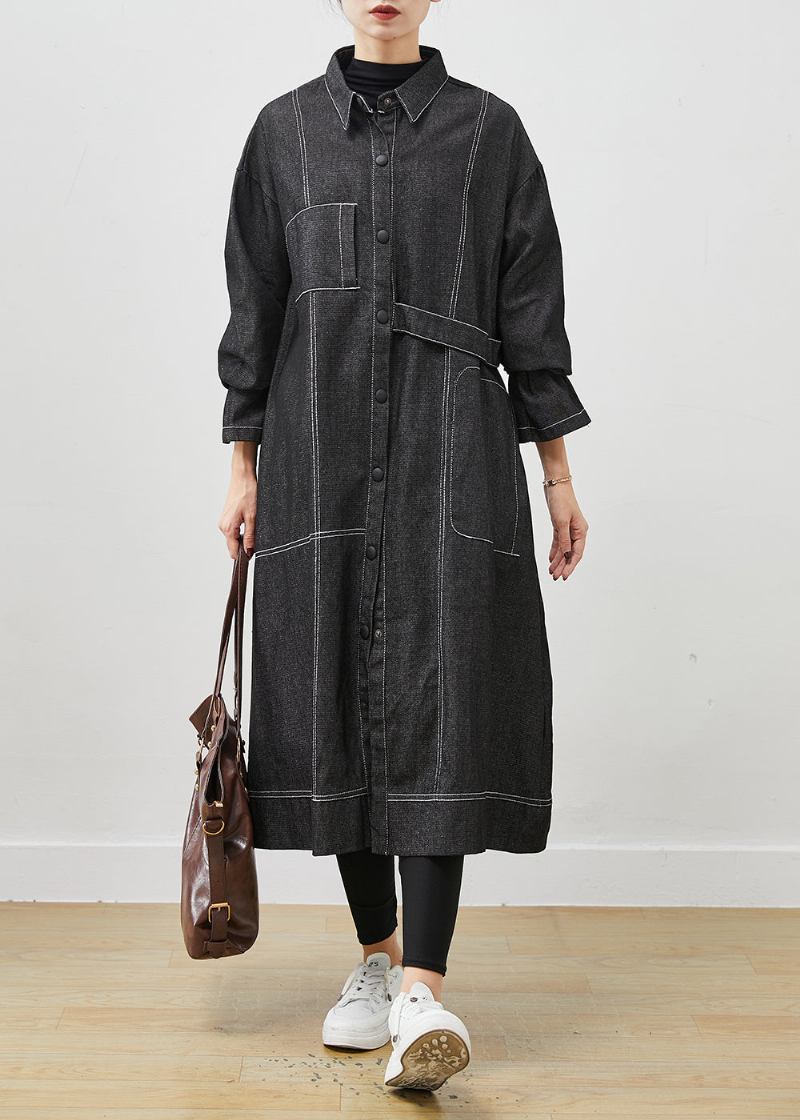 Schwarzer Lockerer Denim-trenchcoat Mit Übergroßen Taschen Frühling - Damen-Trenchcoats