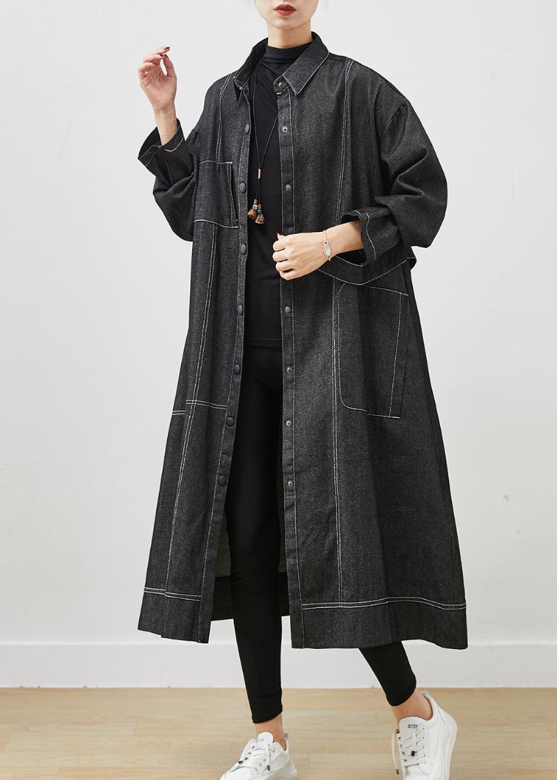 Schwarzer Lockerer Denim-trenchcoat Mit Übergroßen Taschen Frühling - Damen-Trenchcoats