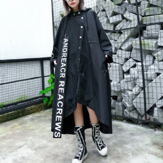 Schwarzer Mantel Für Damen In Übergröße Mit Kapuze Asymmetrischer Trenchcoat Für Mit Bindegürtel Und Print