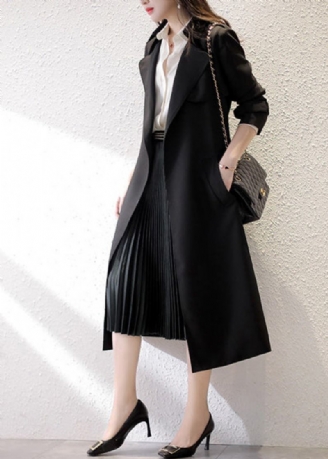 Schwarzer Trenchcoat Mit Gekerbter Taille Und Langen Ärmeln