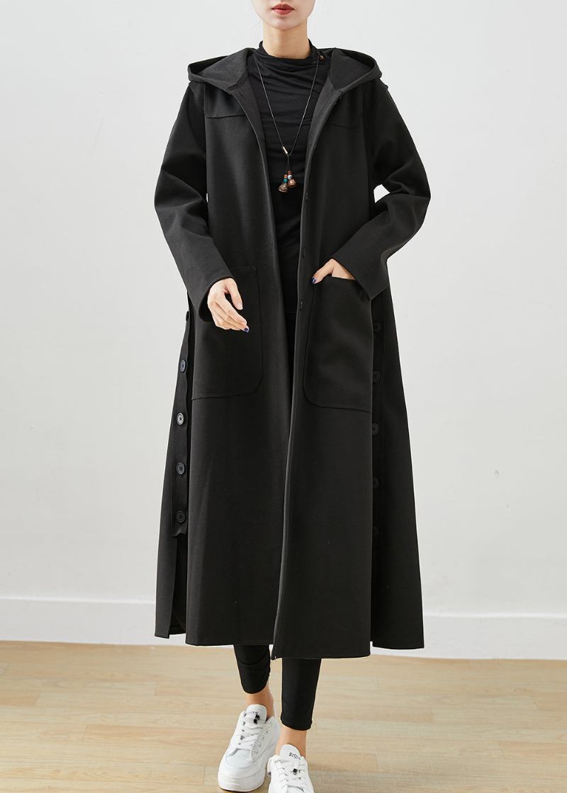 Schwarzer Übergroßer Baumwollmantel Mit Kapuze Und Taschen - Damen-Trenchcoats