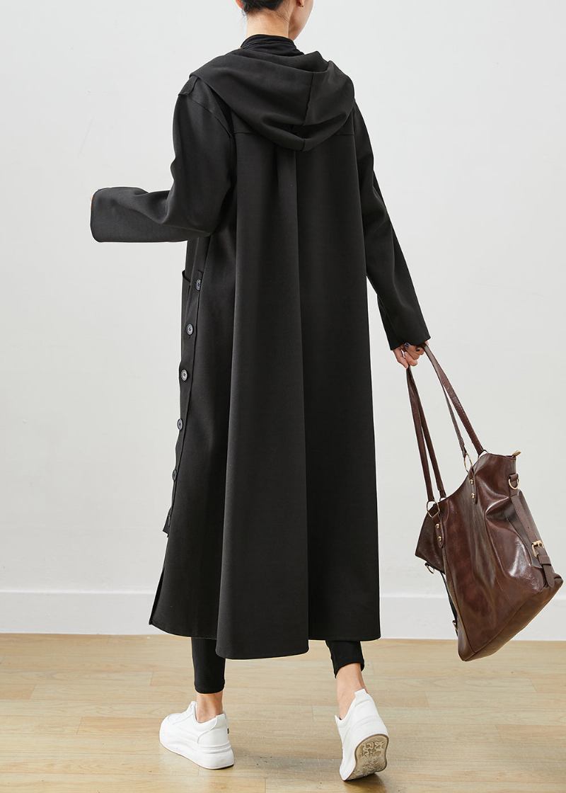 Schwarzer Übergroßer Baumwollmantel Mit Kapuze Und Taschen - Damen-Trenchcoats