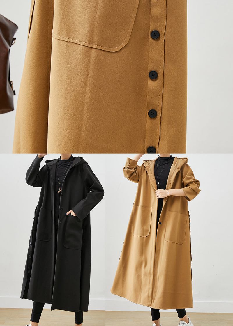 Schwarzer Übergroßer Baumwollmantel Mit Kapuze Und Taschen - Damen-Trenchcoats