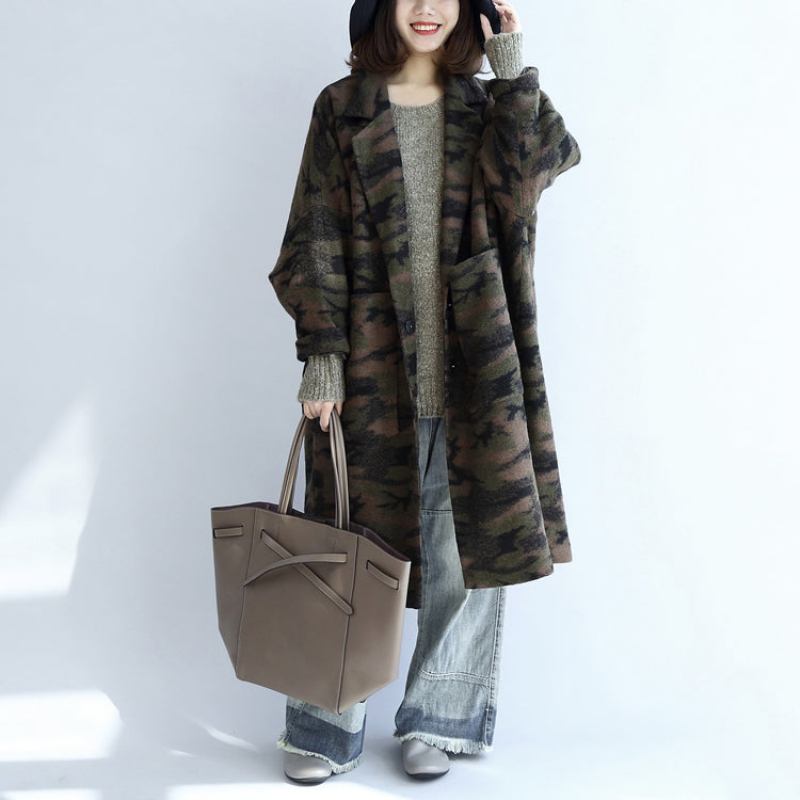 Schwarzgrüne Camouflage-cardigans Aus Wolle Mit Übergroßen Taschen Und Langen Ärmeln - Damen-Trenchcoats