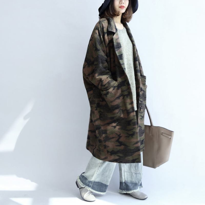 Schwarzgrüne Camouflage-cardigans Aus Wolle Mit Übergroßen Taschen Und Langen Ärmeln - Damen-Trenchcoats