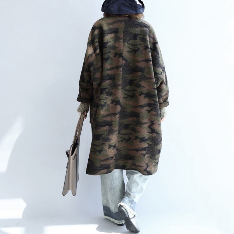 Schwarzgrüne Camouflage-cardigans Aus Wolle Mit Übergroßen Taschen Und Langen Ärmeln - Damen-Trenchcoats