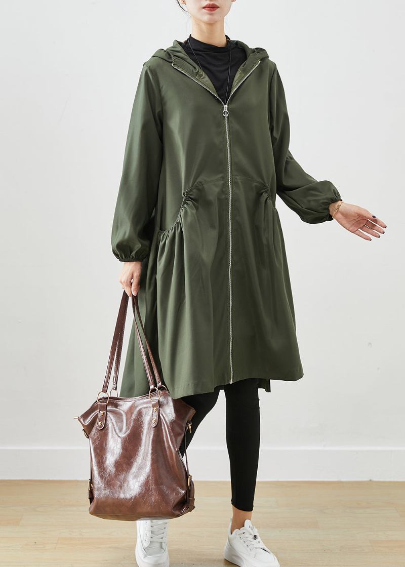 Schwarzgrüner Baumwollmantel Outwear Mit Kapuze Faltig Herbst - Damen-Trenchcoats