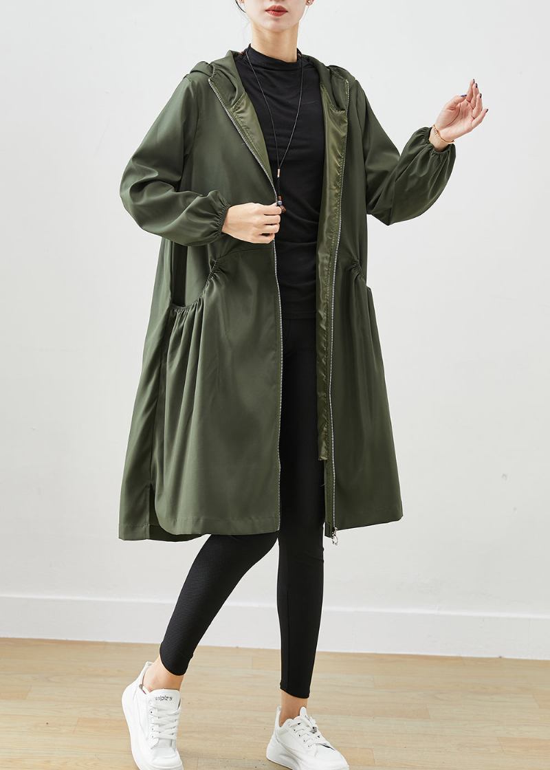 Schwarzgrüner Baumwollmantel Outwear Mit Kapuze Faltig Herbst - Damen-Trenchcoats