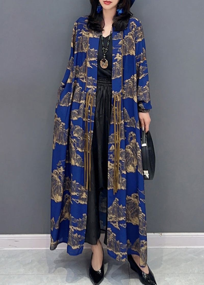 Sexy Blau Peter Pan Kragen Print Schlank Maxi Trenchcoats Lange Ärmel