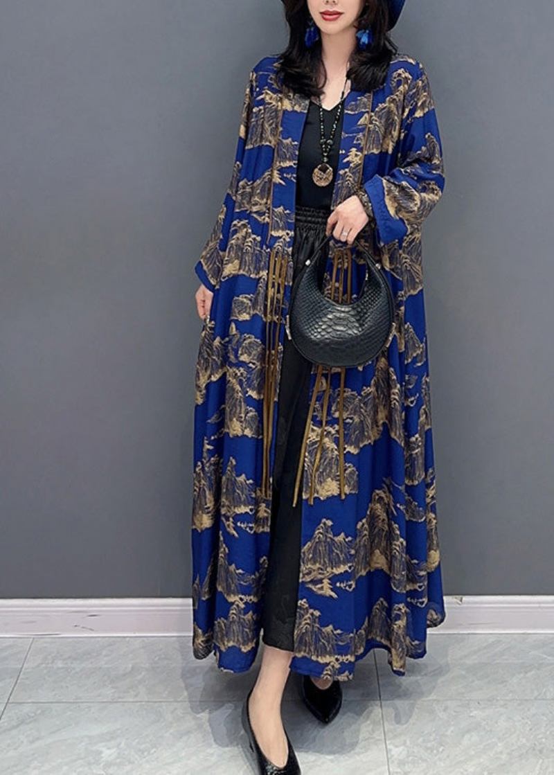 Sexy Blau Peter Pan Kragen Print Schlank Maxi Trenchcoats Lange Ärmel - Damen-Trenchcoats