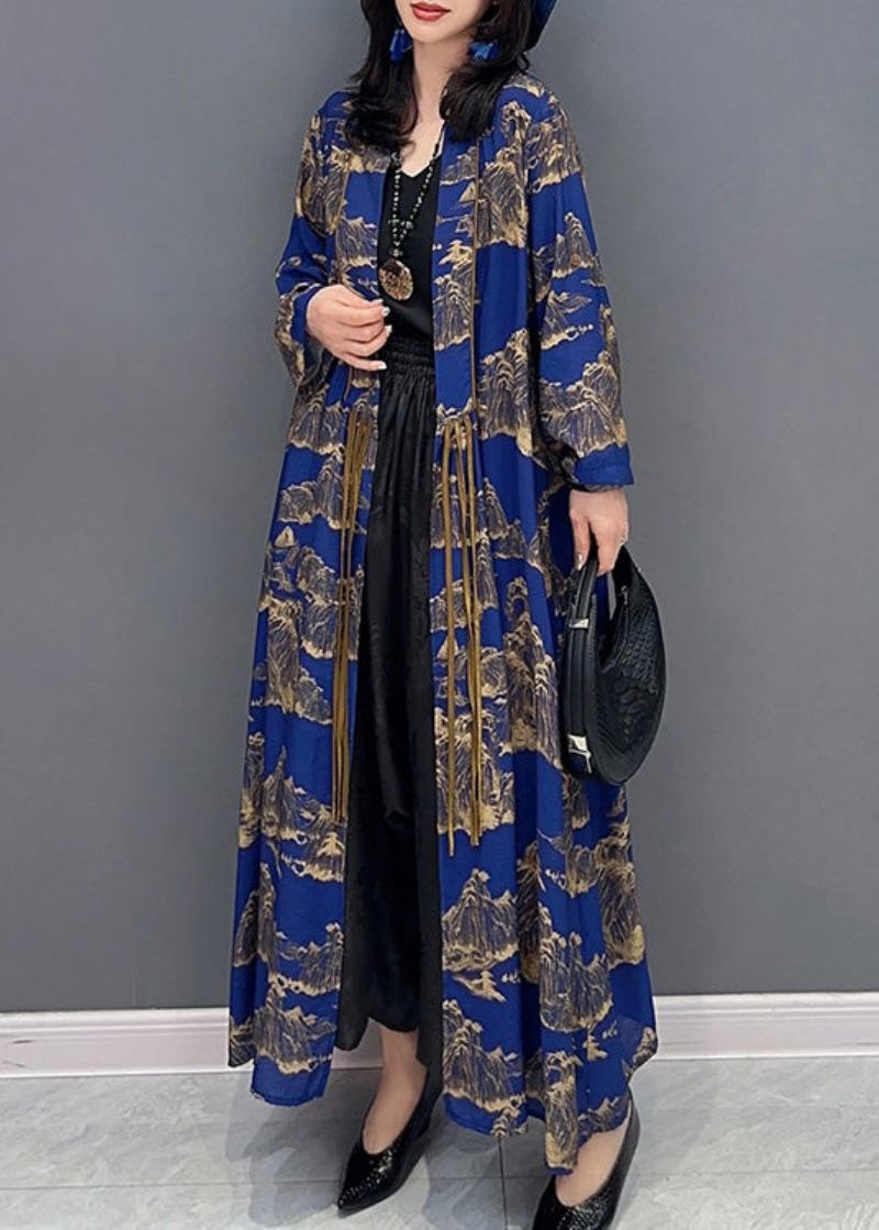 Sexy Blau Peter Pan Kragen Print Schlank Maxi Trenchcoats Lange Ärmel - Damen-Trenchcoats