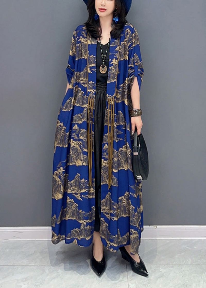 Sexy Blau Peter Pan Kragen Print Schlank Maxi Trenchcoats Lange Ärmel - Damen-Trenchcoats