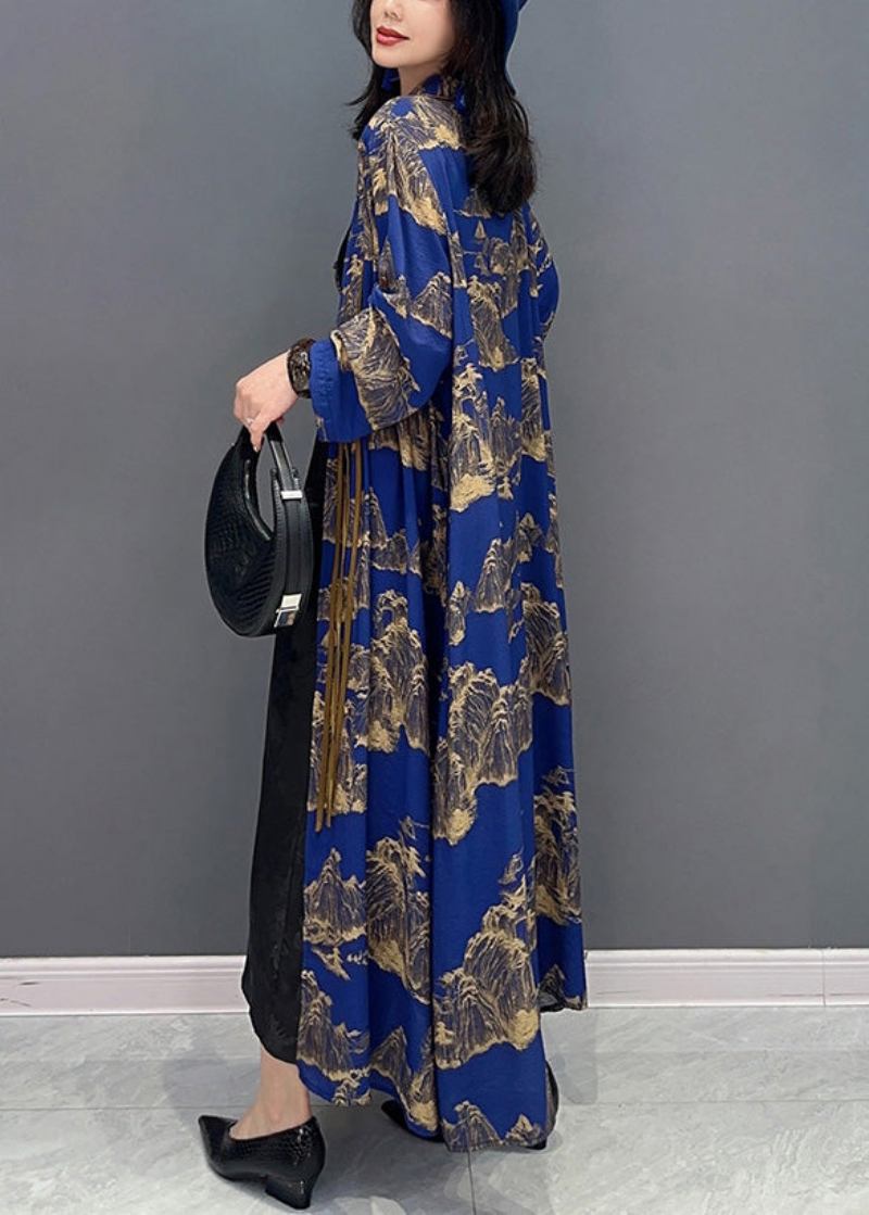 Sexy Blau Peter Pan Kragen Print Schlank Maxi Trenchcoats Lange Ärmel - Damen-Trenchcoats