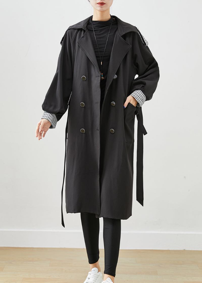 Slim Fit Schwarz Zweireihig Bindegürtel Baumwolle Mantel Oberbekleidung Herbst - Damen-Trenchcoats