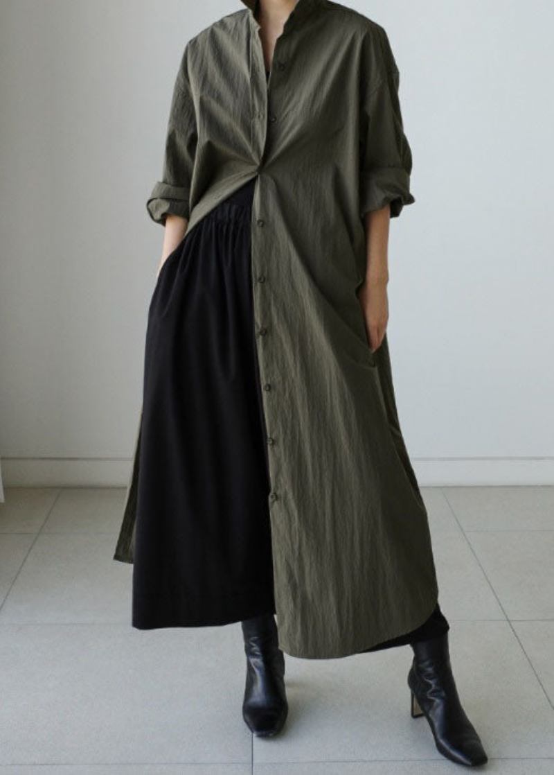 Stil Armee Grün Peter Pan Kragen Baumwolle Krawatte Taille Langen Trenchcoat Frühling - Damen-Trenchcoats