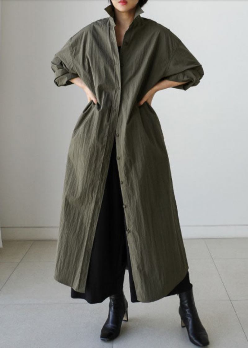 Stil Armee Grün Peter Pan Kragen Baumwolle Krawatte Taille Langen Trenchcoat Frühling - Damen-Trenchcoats