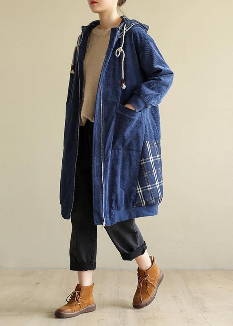 Stil Blau Feine Mäntel Frauen Ausschnitt Mit Kapuze Patchwork Outwears - Damen-Trenchcoats