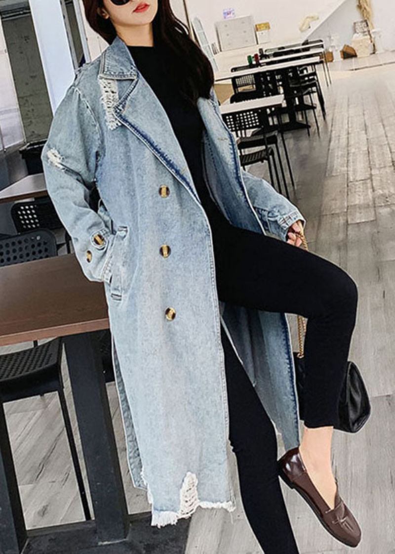 Stil Blau Peter Pan Kragen Taschen Krawatte Taille Patchwork Denim Mantel Herbst - Damen-Trenchcoats