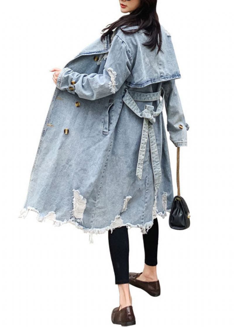 Stil Blau Peter Pan Kragen Taschen Krawatte Taille Patchwork Denim Mantel Herbst - Damen-Trenchcoats