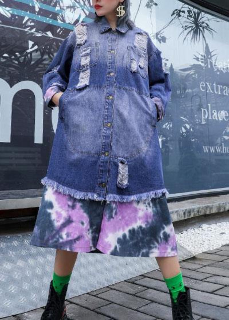 Stil Denim Blau Patchwork Feine Tuniken Für Frauen Stoffe Zerrissen Herbst Jacken - Damen-Trenchcoats