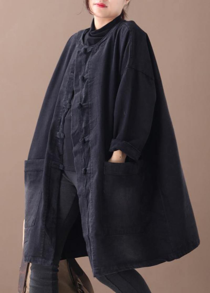 Stil Denim Schwarz Feine Kleidung Für Frauen O Neck Chinesischen Knopf - schwarz