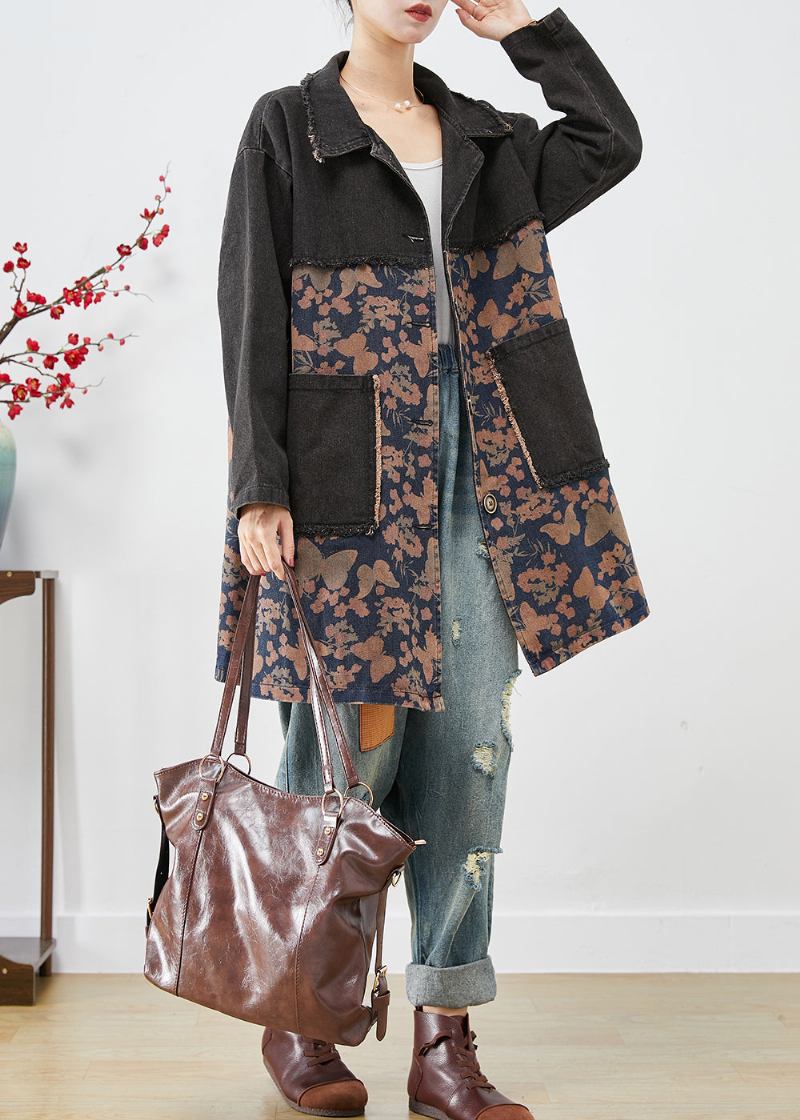 Stil Schwarz Übergroßen Patchwork Taschen Print Denim Trenchcoat Herbst