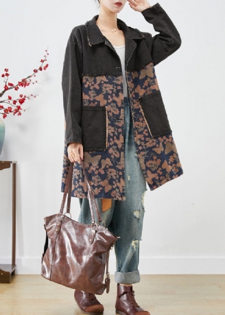 Stil Schwarz Übergroßen Patchwork Taschen Print Denim Trenchcoat Herbst