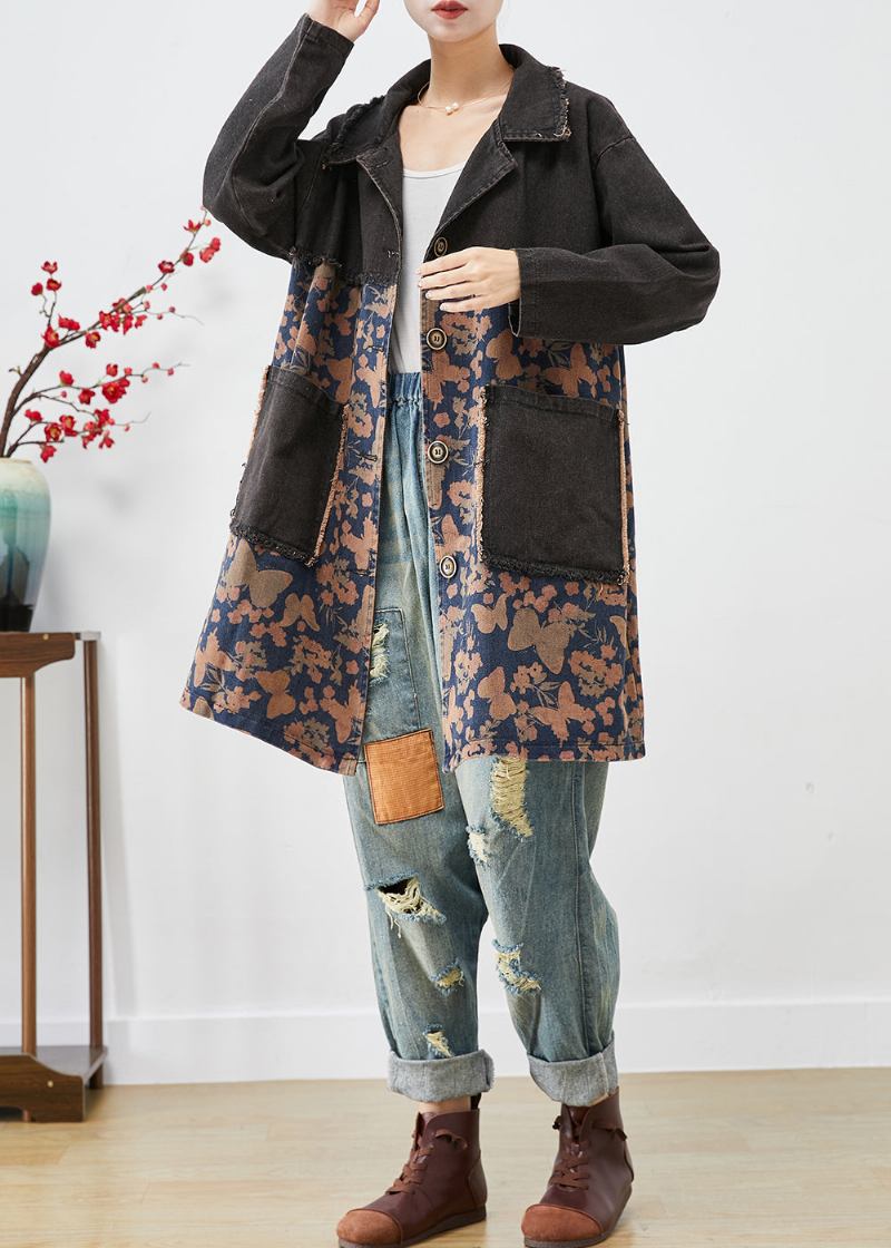 Stil Schwarz Übergroßen Patchwork Taschen Print Denim Trenchcoat Herbst - Damen-Trenchcoats