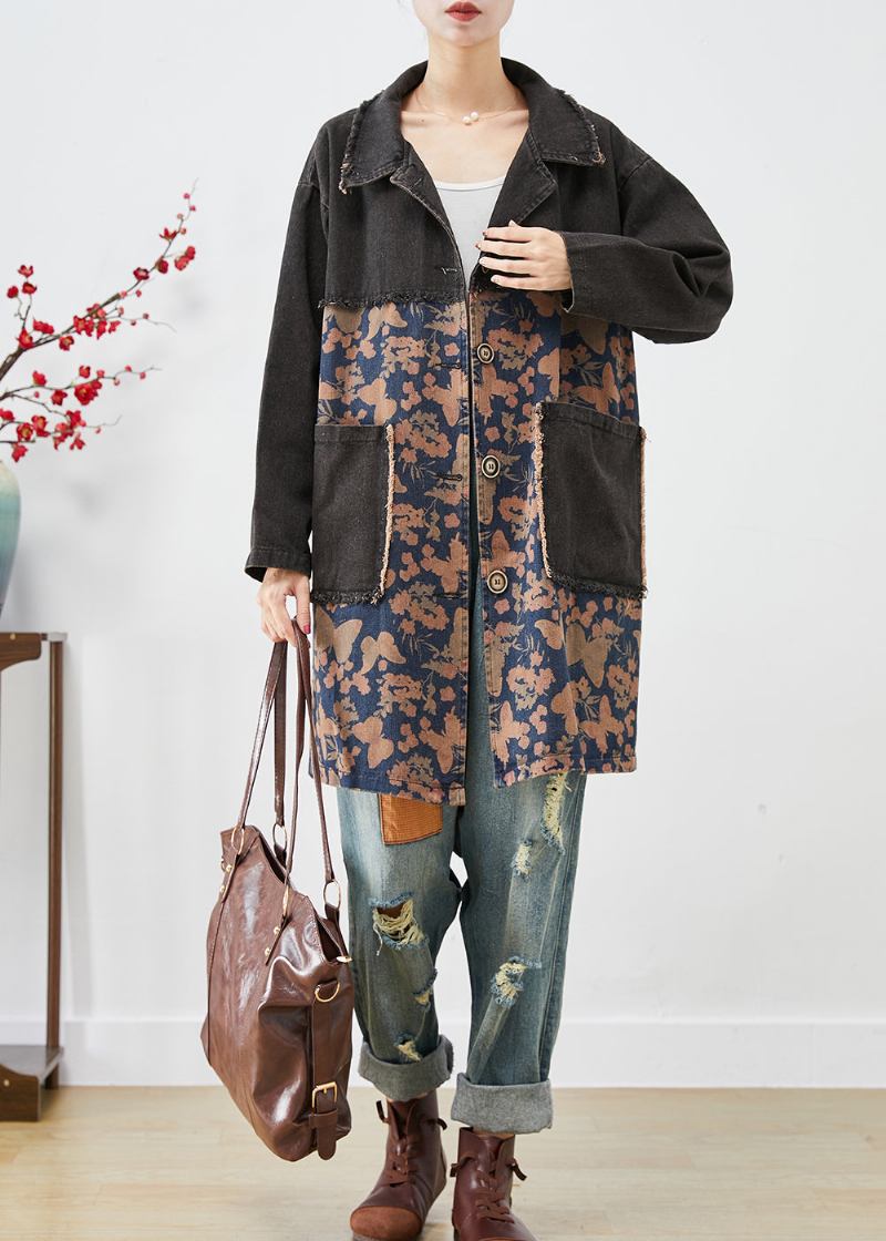 Stil Schwarz Übergroßen Patchwork Taschen Print Denim Trenchcoat Herbst - Damen-Trenchcoats