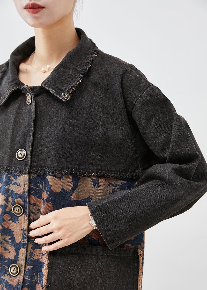 Stil Schwarz Übergroßen Patchwork Taschen Print Denim Trenchcoat Herbst - Damen-Trenchcoats