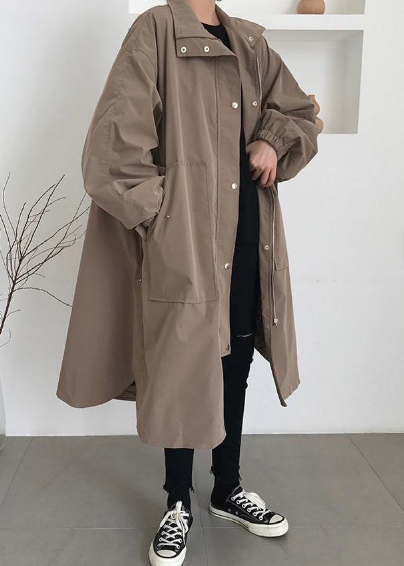 Stil Schwarzer Feiner Trenchcoat Baumwolle Seitlich Offene Kapuzenmäntel - khaki