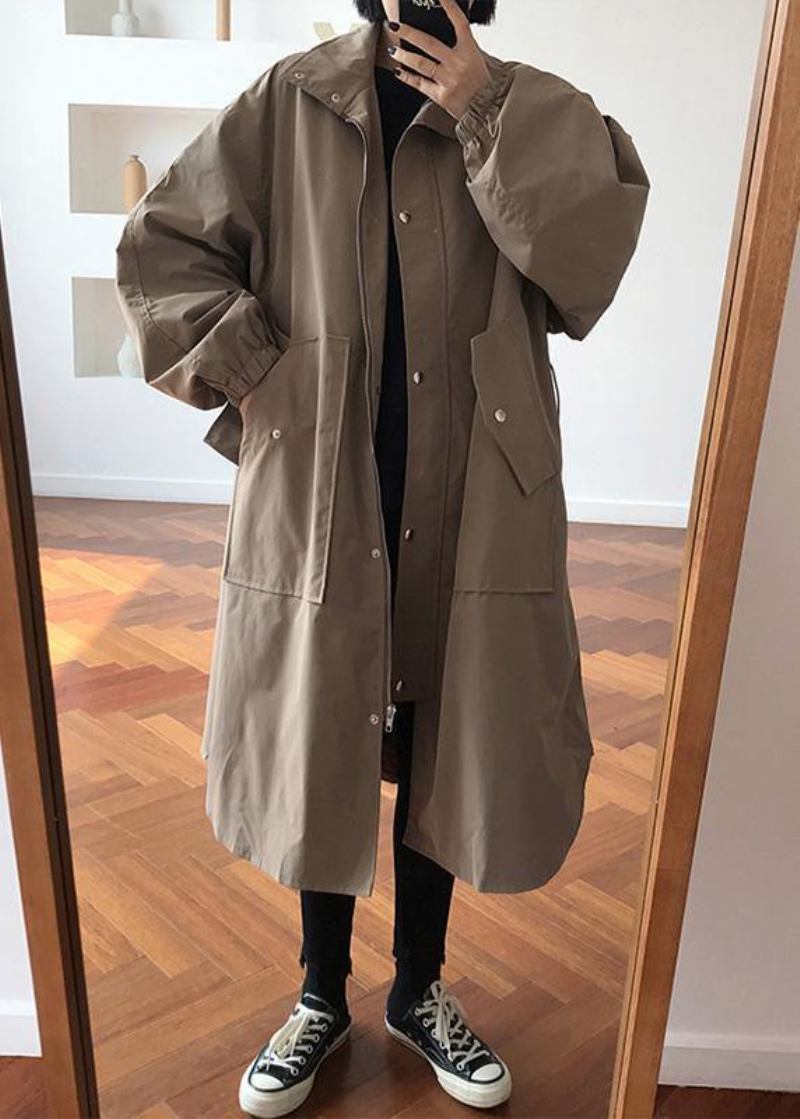 Stil Schwarzer Feiner Trenchcoat Baumwolle Seitlich Offene Kapuzenmäntel - khaki