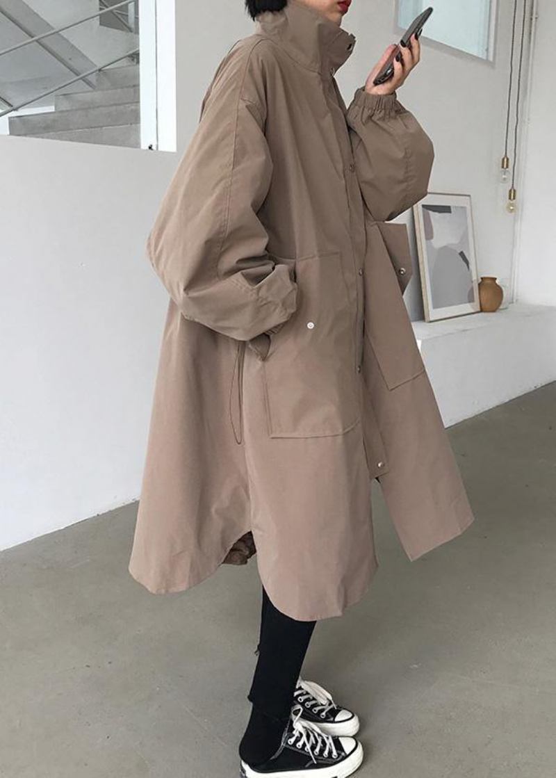 Stil Schwarzer Feiner Trenchcoat Baumwolle Seitlich Offene Kapuzenmäntel - khaki