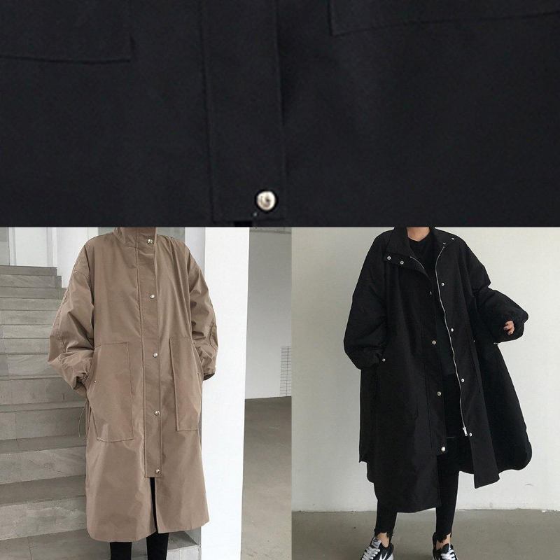 Stil Schwarzer Feiner Trenchcoat Baumwolle Seitlich Offene Kapuzenmäntel - khaki