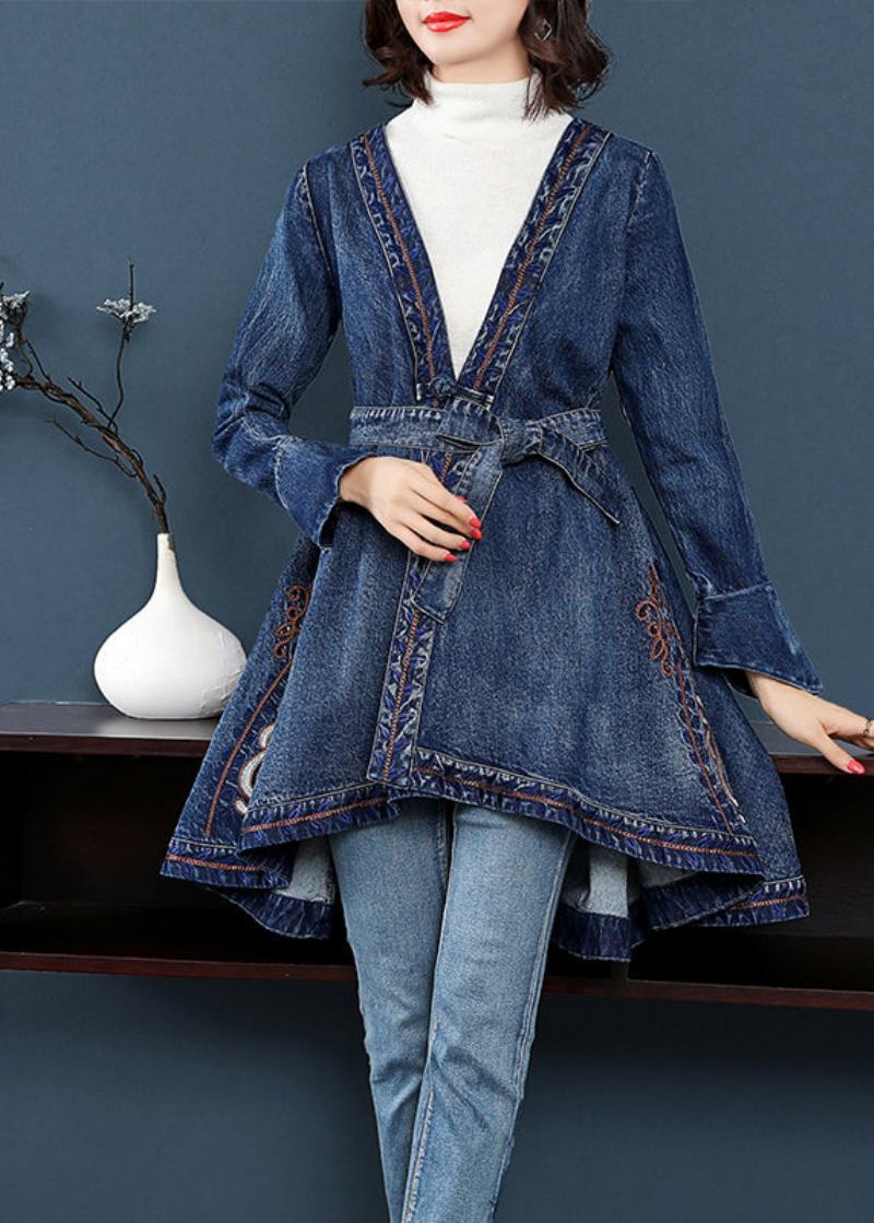 Stilvolle Blau V-ausschnitt Bestickt Krawatte Taille Baumwolle Denim Trenchcoats Lange Ärmel - Damen-Trenchcoats