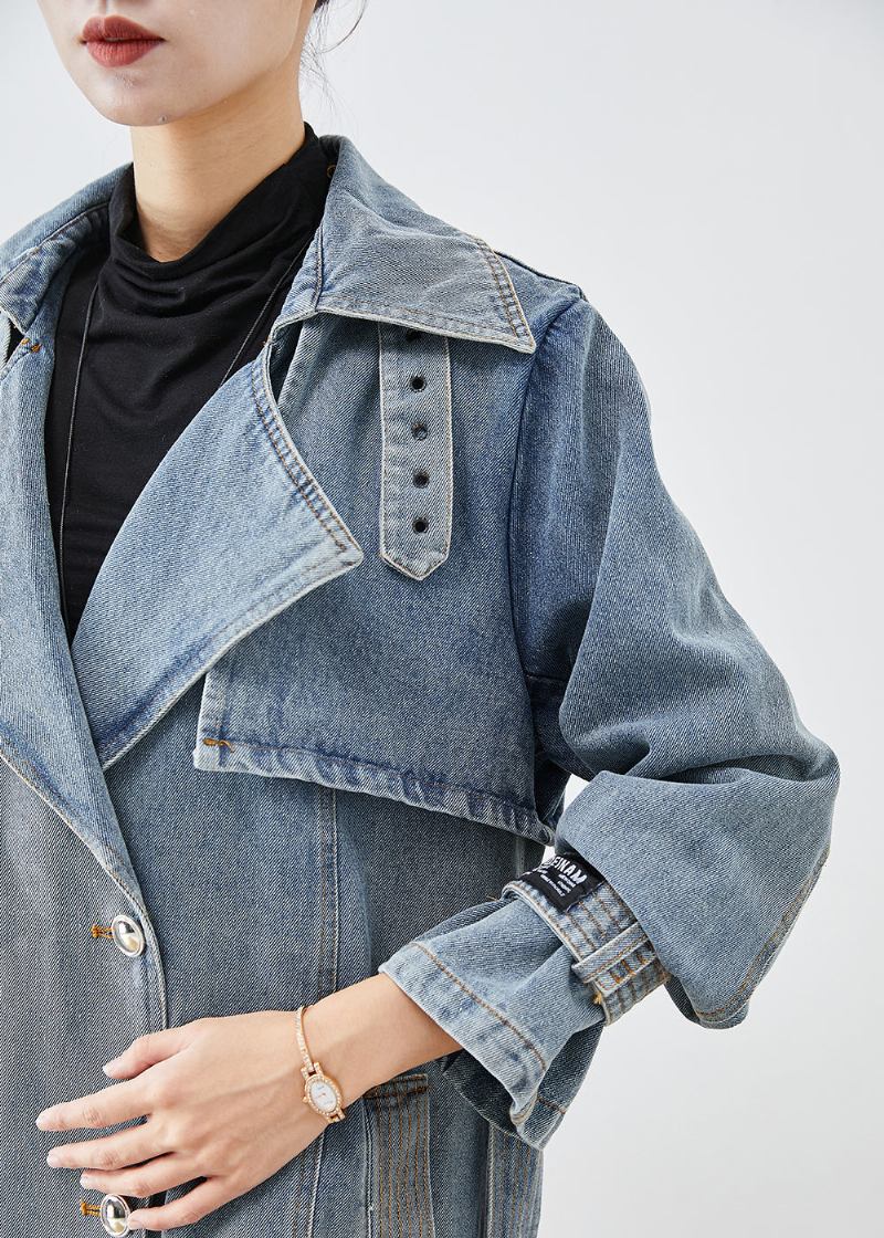 Stilvolle Hellblaue Zweireihige Oversized Denim Trenchcoats Herbst - Damen-Trenchcoats