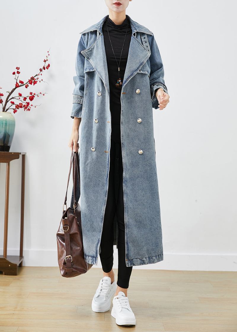 Stilvolle Hellblaue Zweireihige Oversized Denim Trenchcoats Herbst - Damen-Trenchcoats