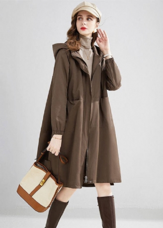 Stilvolle Khaki Mit Kapuze Übergroße Taschen Warme Fleece Trenchcoat Winter