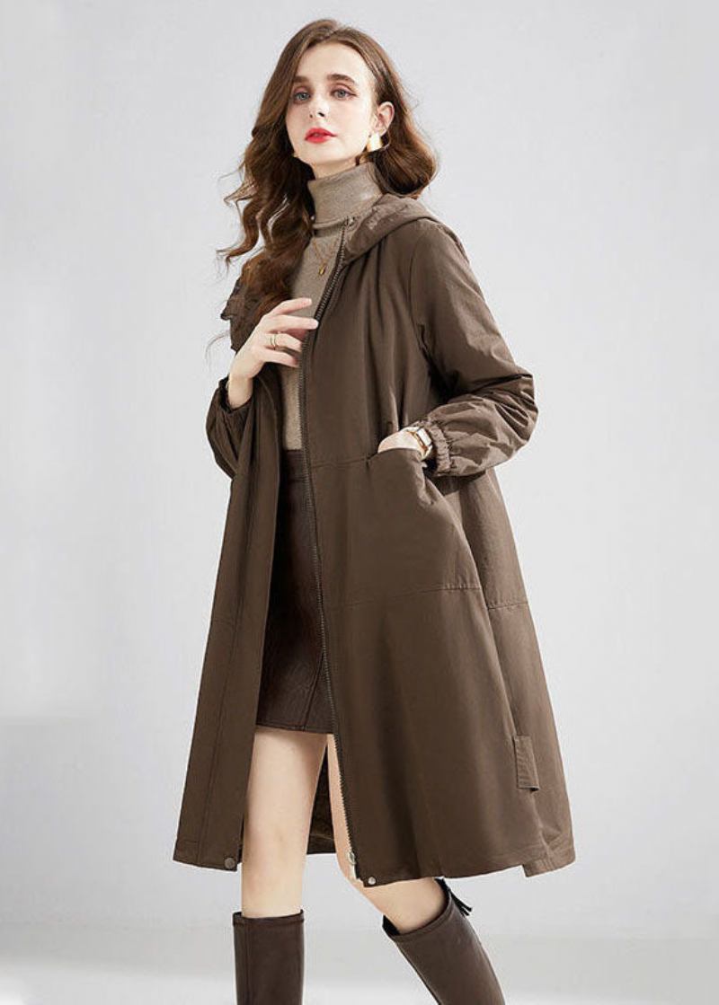 Stilvolle Khaki Mit Kapuze Übergroße Taschen Warme Fleece Trenchcoat Winter - Damen-Trenchcoats