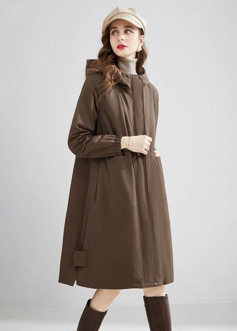 Stilvolle Khaki Mit Kapuze Übergroße Taschen Warme Fleece Trenchcoat Winter - Damen-Trenchcoats