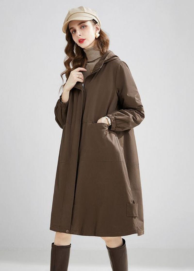 Stilvolle Khaki Mit Kapuze Übergroße Taschen Warme Fleece Trenchcoat Winter - Damen-Trenchcoats