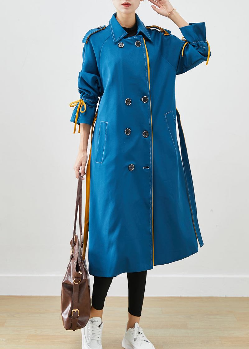 Stilvolle Pfau Blau Doppel Brust Krawatte Taille Baumwolle Mäntel Herbst - Damen-Trenchcoats