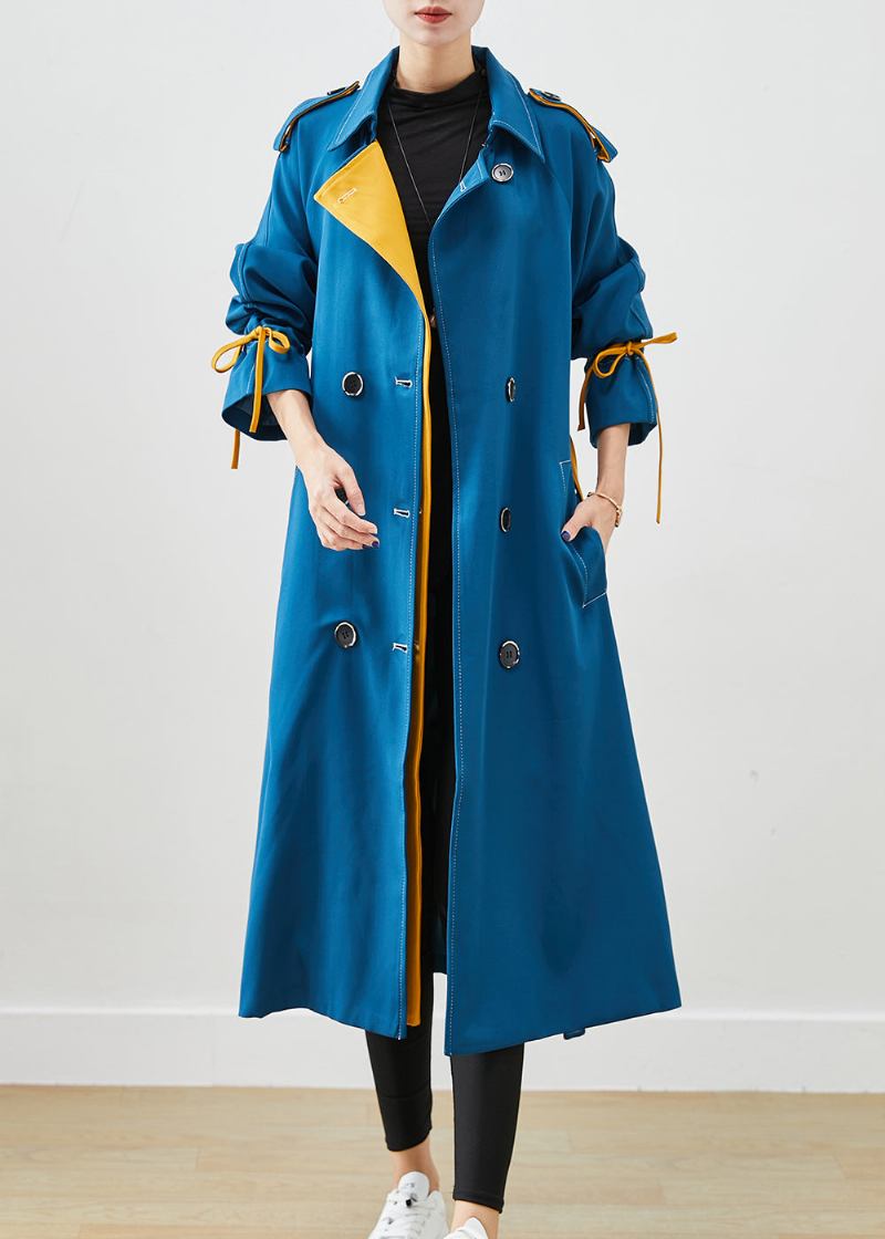 Stilvolle Pfau Blau Doppel Brust Krawatte Taille Baumwolle Mäntel Herbst - Damen-Trenchcoats