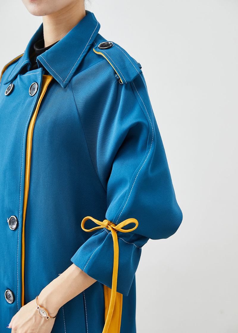 Stilvolle Pfau Blau Doppel Brust Krawatte Taille Baumwolle Mäntel Herbst - Damen-Trenchcoats