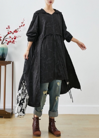 Stilvolle Schwarze Asymmetrische Übergroßen Druck Kordelzug Trenchcoats Herbst