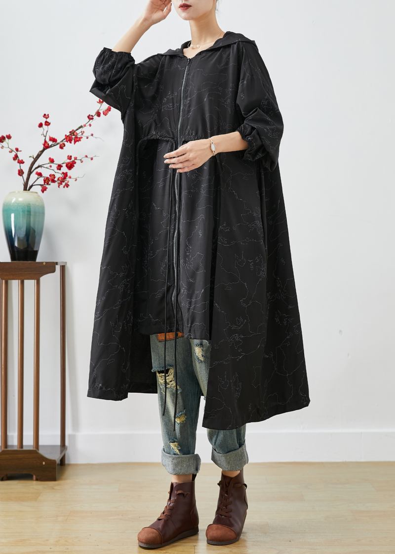 Stilvolle Schwarze Asymmetrische Übergroßen Druck Kordelzug Trenchcoats Herbst - Damen-Trenchcoats