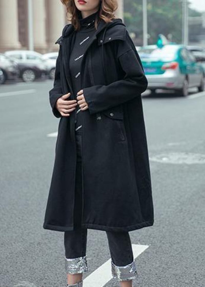 Stilvolle Schwarze Feine Mäntel Frauen Mit Kapuze Kordelzug Herbst Oberbekleidung - Damen-Trenchcoats