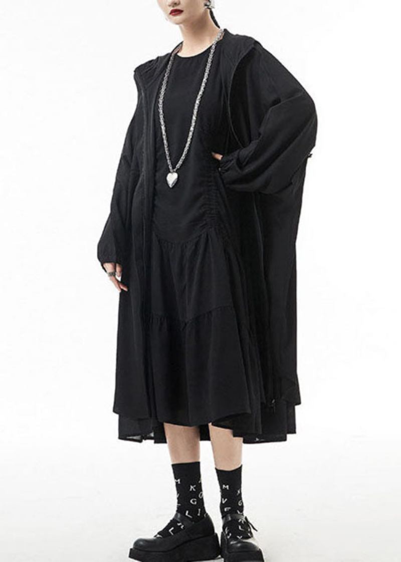 Streetwear Schwarz Reißverschluss Kapuzen Kordelzug Chiffon Graben Mäntel - Damen-Trenchcoats