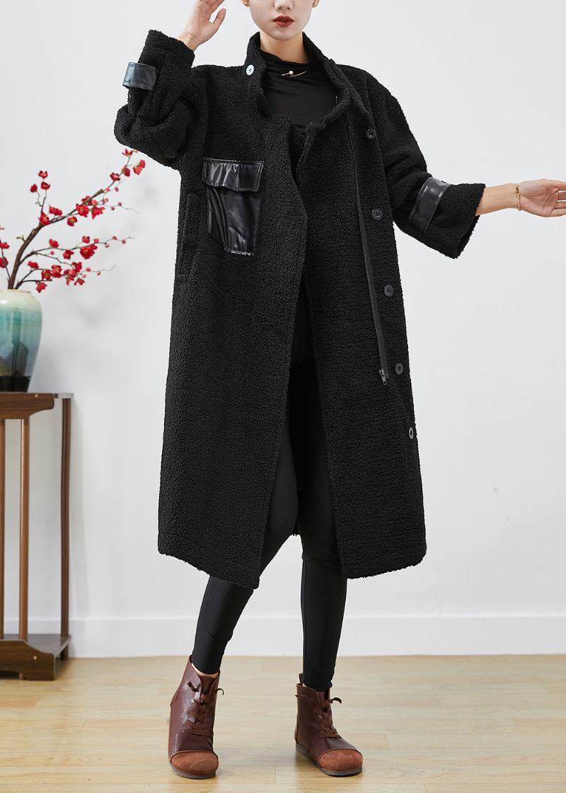 Taillierter Schwarzer Übergroßer Patchwork-taschen-kaschmir-trenchcoat Für Den Winter - Damen-Trenchcoats